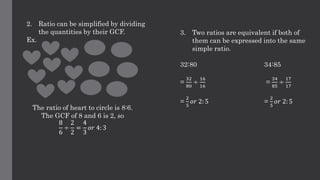 2. Ratio can be simplified by dividing
the quantities by their GCF.
Ex.
The ratio of heart to circle is 8:6.
The GCF of 8 and 6 is 2, so
8
6
÷
2
2
=
4
3
𝑜𝑟 4: 3
3. Two ratios are equivalent if both of
them can be expressed into the same
simple ratio.
32:80 34:85
=
32
80
÷
16
16
=
34
85
÷
17
17
=
2
5
𝑜𝑟 2: 5 =
2
5
𝑜𝑟 2: 5
 