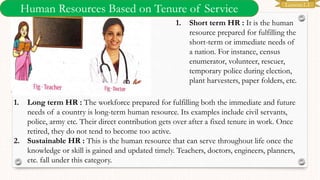 Lesson:1.1
Human Resources Based on Tenure of Service
1. Short term HR : It is the human
resource prepared for fulfilling the
short-term or immediate needs of
a nation. For instance, census
enumerator, volunteer, rescuer,
temporary police during election,
plant harvesters, paper folders, etc.
1. Long term HR : The workforce prepared for fulfilling both the immediate and future
needs of a country is long-term human resource. Its examples include civil servants,
police, army etc. Their direct contribution gets over after a fixed tenure in work. Once
retired, they do not tend to become too active.
2. Sustainable HR : This is the human resource that can serve throughout life once the
knowledge or skill is gained and updated timely. Teachers, doctors, engineers, planners,
etc. fall under this category.
 