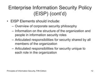 Enterprise Information Security Policy
(EISP) (cont’d)
• EISP Elements should include:
– Overview of corporate security philosophy
– Information on the structure of the organization and
people in information security roles
– Articulated responsibilities for security shared by all
members of the organization
– Articulated responsibilities for security unique to
each role in the organization
Principles of Information Security, Fifth Edition 12
 