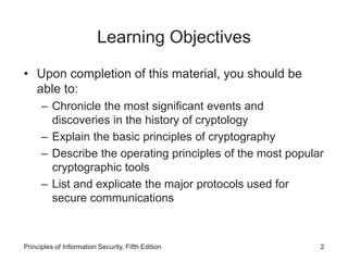 Learning Objectives
• Upon completion of this material, you should be
able to:
– Chronicle the most significant events and
discoveries in the history of cryptology
– Explain the basic principles of cryptography
– Describe the operating principles of the most popular
cryptographic tools
– List and explicate the major protocols used for
secure communications
Principles of Information Security, Fifth Edition 2
 