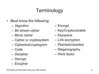 Terminology
• Must know the following:
– Algorithm
– Bit stream cipher
– Block cipher
– Cipher or cryptosystem
– Ciphertext/cryptogram
– Code
– Decipher
– Decrypt
– Encipher
Principles of Information Security, Fifth Edition 5
– Encrypt
– Key/Cryptovariable
– Keyspace
– Link encryption
– Plaintext/cleartext
– Steganography
– Work factor
 
