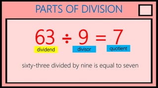 PARTS OF DIVISION
63 ÷ 9 = 7
dividend divisor quotient
sixty-three divided by nine is equal to seven
 