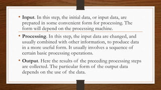 • Input. In this step, the initial data, or input data, are
prepared in some convenient form for processing. The
form will depend on the processing machine.
• Processing. In this step, the input data are changed, and
usually combined with other information, to produce data
in a more useful form. It usually involves a sequence of
certain basic processing operations.
• Output. Here the results of the preceding processing steps
are collected. The particular form of the output data
depends on the use of the data.
 