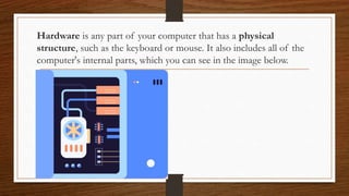 Hardware is any part of your computer that has a physical
structure, such as the keyboard or mouse. It also includes all of the
computer's internal parts, which you can see in the image below.
 