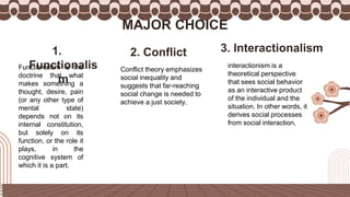 1.
Functionalis
m
2. Conflict 3. Interactionalism
MAJOR CHOICE
Functionalism is the
doctrine that what
makes something a
thought, desire, pain
(or any other type of
mental state)
depends not on its
internal constitution,
but solely on its
function, or the role it
plays, in the
cognitive system of
which it is a part.
Conflict theory emphasizes
social inequality and
suggests that far-reaching
social change is needed to
achieve a just society.
interactionism is a
theoretical perspective
that sees social behavior
as an interactive product
of the individual and the
situation. In other words, it
derives social processes
from social interaction,
 