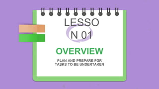 LESSO
N 01
OVERVIEW
PLAN AND PREPARE FOR
TASKS TO BE UNDERTAKEN
 