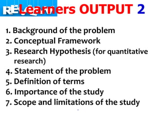 11
Learners OUTPUT 2
1. Background of the problem
2. Conceptual Framework
3. Research Hypothesis (for quantitative
research)
4. Statement of the problem
5. Definition of terms
6. Importance of the study
7. Scope and limitations of the study
 