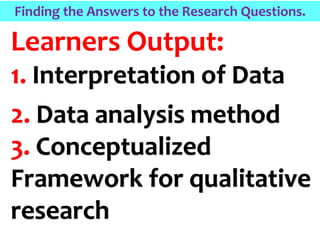 Learners Output:
1. Interpretation of Data
2. Data analysis method
3. Conceptualized
Framework for qualitative
research
Finding the Answers to the Research Questions.
 