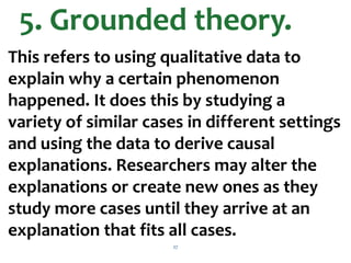27
This refers to using qualitative data to
explain why a certain phenomenon
happened. It does this by studying a
variety of similar cases in different settings
and using the data to derive causal
explanations. Researchers may alter the
explanations or create new ones as they
study more cases until they arrive at an
explanation that fits all cases.
5. Grounded theory.
 