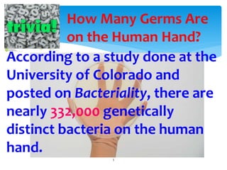 5
How Many Germs Are
on the Human Hand?
According to a study done at the
University of Colorado and
posted on Bacteriality, there are
nearly 332,000 genetically
distinct bacteria on the human
hand.
 