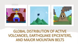 GLOBAL DISTRIBUTION OF ACTIVE
VOLCANOES, EARTHQUAKE EPICENTERS,
AND MAJOR MOUNTAIN BELTS
 