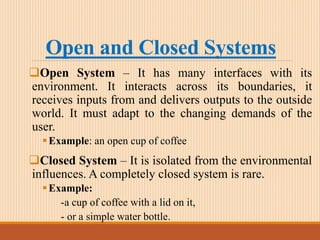 Open and Closed Systems
Open System – It has many interfaces with its
environment. It interacts across its boundaries, it
receives inputs from and delivers outputs to the outside
world. It must adapt to the changing demands of the
user.
Example: an open cup of coffee
Closed System – It is isolated from the environmental
influences. A completely closed system is rare.
Example:
-a cup of coffee with a lid on it,
- or a simple water bottle.
 