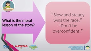 What is the moral
lesson of the story?
“Slow and steady
wins the race.”
“Don’t be
overconfident.”
 