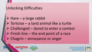 Unlocking Difficulties
 Hare – a large rabbit
 Tortoise – a land animal like a turtle
 Challenged – dared to enter a contest
 Finish line – the end point of a race
 Chagrin – annoyance or anger
 