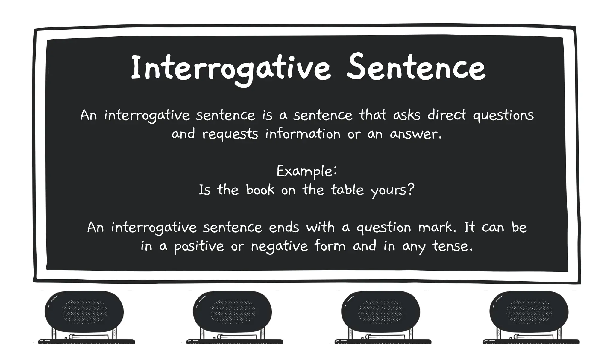 An interrogative sentence is a sentence that asks direct questions
and requests information or an answer.
Example:
Is the book on the table yours?
An interrogative sentence ends with a question mark. It can be
in a positive or negative form and in any tense.
Interrogative Sentence
 