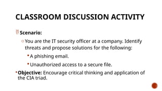 CLASSROOM DISCUSSION ACTIVITY
 Scenario:
o You are the IT security officer at a company. Identify
threats and propose solutions for the following:
A phishing email.
Unauthorized access to a secure file.
Objective: Encourage critical thinking and application of
the CIA triad.
 