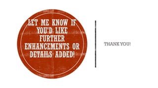 THANKYOU!
LET ME KNOW IF
YOU'D LIKE
FURTHER
ENHANCEMENTS OR
DETAILS ADDED!
 