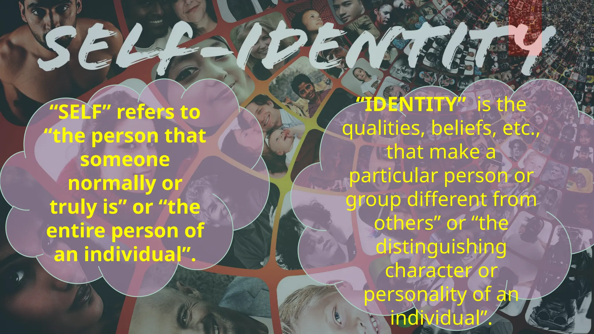 “SELF” refers to
“the person that
someone
normally or
truly is” or “the
entire person of
an individual”.
“IDENTITY” is the
qualities, beliefs, etc.,
that make a
particular person or
group different from
others” or “the
distinguishing
character or
personality of an
individual”.
 