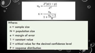Where:
n = sample size
N = population size
e = margin of error
1 = constant value
Z = critical value for the desired confidence level
P = response distribution
 