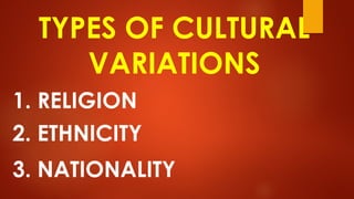 TYPES OF CULTURAL
VARIATIONS
1. RELIGION
2. ETHNICITY
3. NATIONALITY
 