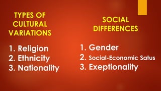 TYPES OF
CULTURAL
VARIATIONS
1. Religion
2. Ethnicity
3. Nationality
SOCIAL
DIFFERENCES
1. Gender
2. Social-Economic Satus
3. Exeptionality
 