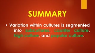 SUMMARY
• Variation within cultures is segmented
into subcultures, counter culture,
high culture, and popular culture.
 