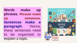 Words make up
phrases. Phrases make
up sentences.
Sentences make a
paragraph. Hence,
these sentences need
to be organized to
explain a topic.
 
