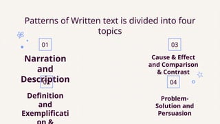 Patterns of Written text is divided into four
topics
01
02
03
04
Narration
and
Description
Cause & Effect
and Comparison
& Contrast
Definition
and
Exemplificati
Problem-
Solution and
Persuasion
 