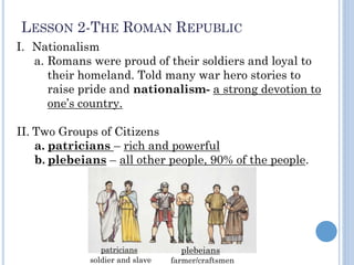 LESSON 2-THE ROMAN REPUBLIC
I. Nationalism
a. Romans were proud of their soldiers and loyal to
their homeland. Told many war hero stories to
raise pride and nationalism- a strong devotion to
one’s country.
II. Two Groups of Citizens
a. patricians – rich and powerful
b. plebeians – all other people, 90% of the people.
patricians
soldier and slave farmer/craftsmen
plebeians
 