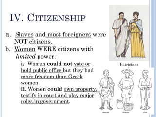 IV. CITIZENSHIP
a. Slaves and most foreigners were
NOT citizens.
b. Women WERE citizens with
limited power.
i. Women could not vote or
hold public office but they had
more freedom than Greek
women.
ii. Women could own property,
testify in court and play major
roles in government.
Patricians
 