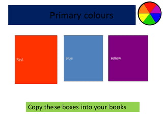 Primary colours 
Red Blue Yellow 
Copy these boxes into your books 
 