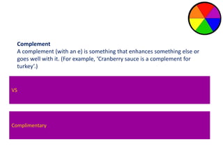 Complement 
A complement (with an e) is something that enhances something else or 
goes well with it. (For example, ‘Cranberry sauce is a complement for 
turkey’.) 
VS 
Compliment 
A compliment (with an I ) is an expression of praise. 
Complimentary 
(For Example, ‘My compliments to the chef for such a wonderful starter’) 
 