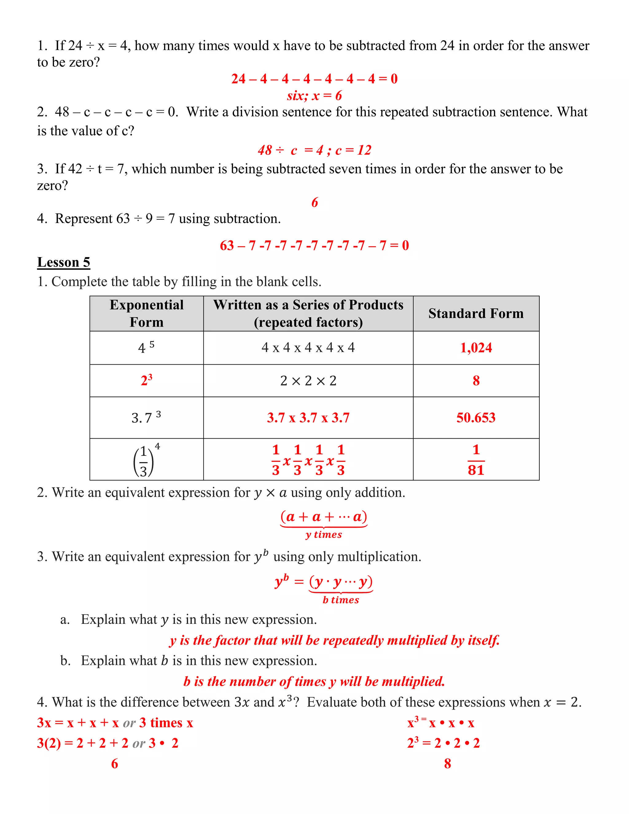1. If 24 ÷ x = 4, how many times would x have to be subtracted from 24 in order for the answer
to be zero?
24 – 4 – 4 – 4 – 4 – 4 – 4 = 0
six; x = 6
2. 48 – c – c – c – c = 0. Write a division sentence for this repeated subtraction sentence. What
is the value of c?
48 ÷ c = 4 ; c = 12
3. If 42 ÷ t = 7, which number is being subtracted seven times in order for the answer to be
zero?
6
4. Represent 63 ÷ 9 = 7 using subtraction.
63 – 7 -7 -7 -7 -7 -7 -7 -7 – 7 = 0
Lesson 5
1. Complete the table by filling in the blank cells.
Exponential
Form
Written as a Series of Products
(repeated factors)
Standard Form
4 5 4 x 4 x 4 x 4 x 4 1,024
23
2 × 2 × 2 8
3. 7 3 3.7 x 3.7 x 3.7 50.653
(
1
3
)
4 𝟏
𝟑
𝒙
𝟏
𝟑
𝒙
𝟏
𝟑
𝒙
𝟏
𝟑
𝟏
𝟖𝟏
2. Write an equivalent expression for 𝑦 × 𝑎 using only addition.
(𝒂 + 𝒂 + ⋯ 𝒂)⏟
𝒚 𝒕𝒊𝒎𝒆𝒔
3. Write an equivalent expression for 𝑦 𝑏
using only multiplication.
𝒚 𝒃
= (𝒚 ∙ 𝒚 ⋯ 𝒚)⏟
𝒃 𝒕𝒊𝒎𝒆𝒔
a. Explain what 𝑦 is in this new expression.
y is the factor that will be repeatedly multiplied by itself.
b. Explain what 𝑏 is in this new expression.
b is the number of times y will be multiplied.
4. What is the difference between 3𝑥 and 𝑥3
? Evaluate both of these expressions when 𝑥 = 2.
3x = x + x + x or 3 times x x3 =
x • x • x
3(2) = 2 + 2 + 2 or 3 • 2 23
= 2 • 2 • 2
6 8
 