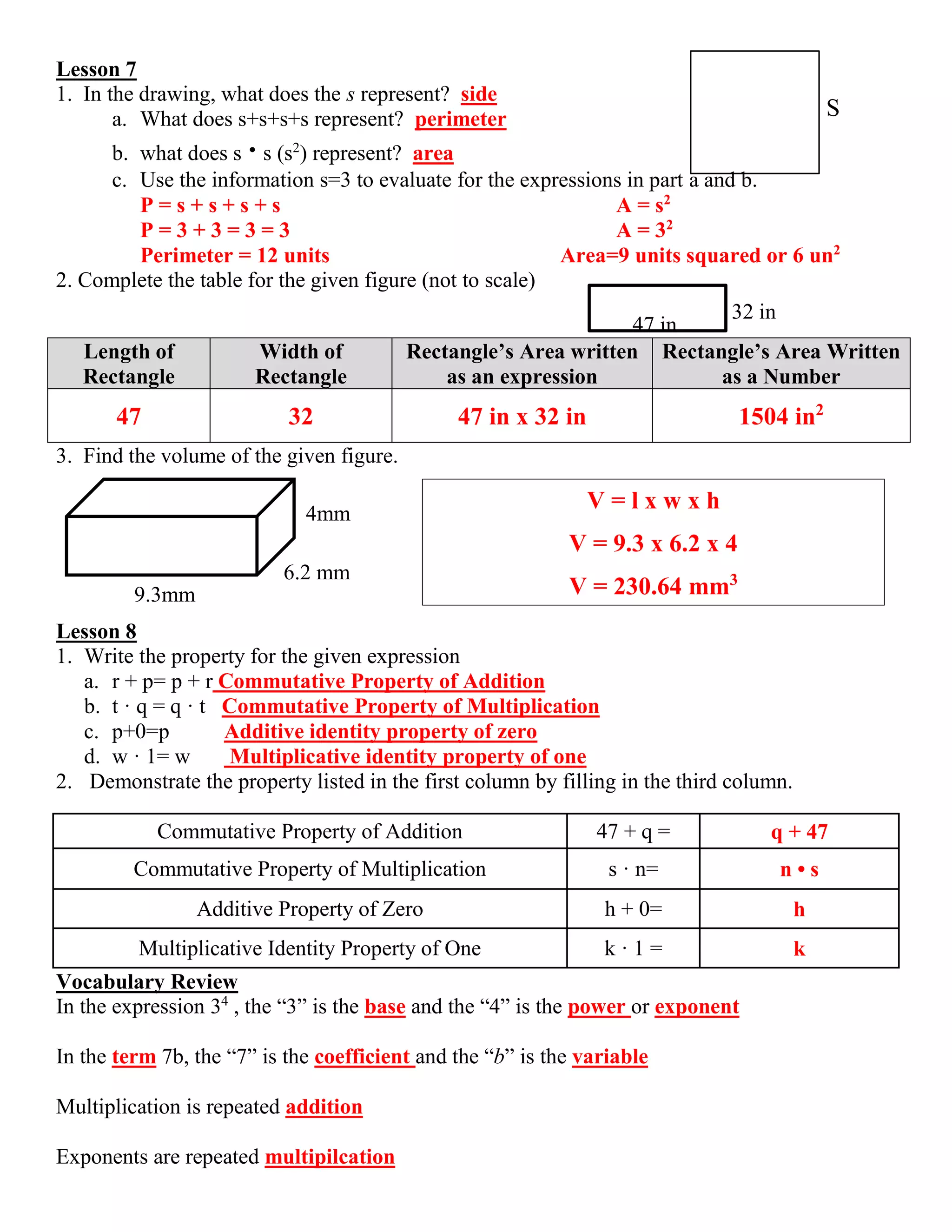 Lesson 7
1. In the drawing, what does the s represent? side
a. What does s+s+s+s represent? perimeter
b. what does s · s (s2
) represent? area
c. Use the information s=3 to evaluate for the expressions in part a and b.
P = s + s + s + s A = s2
P = 3 + 3 = 3 = 3 A = 32
Perimeter = 12 units Area=9 units squared or 6 un2
2. Complete the table for the given figure (not to scale)
3. Find the volume of the given figure.
Lesson 8
1. Write the property for the given expression
a. r + p= p + r Commutative Property of Addition
b. t · q = q · t Commutative Property of Multiplication
c. p+0=p Additive identity property of zero
d. w · 1= w Multiplicative identity property of one
2. Demonstrate the property listed in the first column by filling in the third column.
Commutative Property of Addition 47 + q = q + 47
Commutative Property of Multiplication s · n= n • s
Additive Property of Zero h + 0= h
Multiplicative Identity Property of One k · 1 = k
Vocabulary Review
In the expression 34
, the “3” is the base and the “4” is the power or exponent
In the term 7b, the “7” is the coefficient and the “b” is the variable
Multiplication is repeated addition
Exponents are repeated multipilcation
Length of
Rectangle
Width of
Rectangle
Rectangle’s Area written
as an expression
Rectangle’s Area Written
as a Number
47 32 47 in x 32 in 1504 in2
S
32 in
47 in
4mm
6.2 mm
9.3mm
V = l x w x h
V = 9.3 x 6.2 x 4
V = 230.64 mm3
 