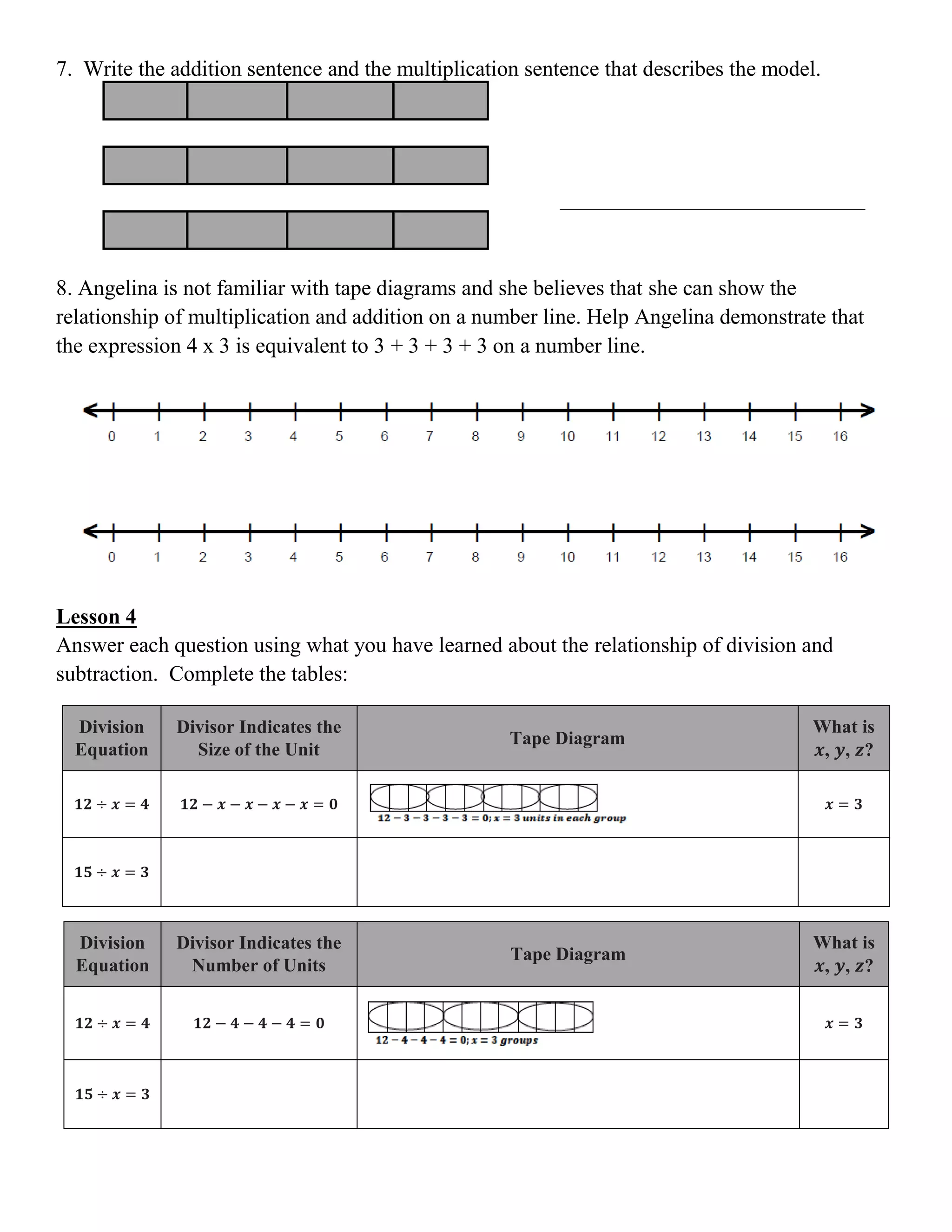 7. Write the addition sentence and the multiplication sentence that describes the model.
____________________________
8. Angelina is not familiar with tape diagrams and she believes that she can show the
relationship of multiplication and addition on a number line. Help Angelina demonstrate that
the expression 4 x 3 is equivalent to 3 + 3 + 3 + 3 on a number line.
Lesson 4
Answer each question using what you have learned about the relationship of division and
subtraction. Complete the tables:
Division
Equation
Divisor Indicates the
Size of the Unit
Tape Diagram
What is
𝒙, 𝒚, 𝒛?
𝟏𝟐 ÷ 𝒙 = 𝟒 𝟏𝟐 − 𝒙 − 𝒙 − 𝒙 − 𝒙 = 𝟎 𝒙 = 𝟑
𝟏𝟓 ÷ 𝒙 = 𝟑
Division
Equation
Divisor Indicates the
Number of Units
Tape Diagram
What is
𝒙, 𝒚, 𝒛?
𝟏𝟐 ÷ 𝒙 = 𝟒 𝟏𝟐 − 𝟒 − 𝟒 − 𝟒 = 𝟎 𝒙 = 𝟑
𝟏𝟓 ÷ 𝒙 = 𝟑
 