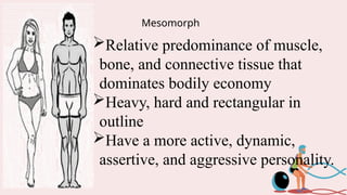 Mesomorph
Relative predominance of muscle,
bone, and connective tissue that
dominates bodily economy
Heavy, hard and rectangular in
outline
Have a more active, dynamic,
assertive, and aggressive personality.
 