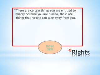 *
*There are certain things you
are entitled to simply
because you are human,
these are things that no-one
can take away from you.
Human
rights
 