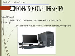 Basic Computer Concept
A. HARDWARE
1. INPUT DEVICES – devices used to enter into computer for
processing
ex. Keyboard, mouse, joystick, scanner, camera, microphone
 