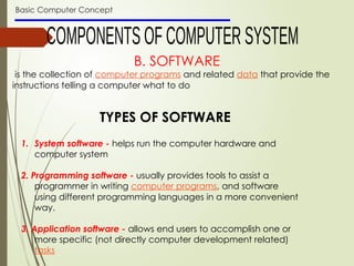 Basic Computer Concept
B. SOFTWARE
is the collection of computer programs and related data that provide the
instructions telling a computer what to do
TYPES OF SOFTWARE
1. System software - helps run the computer hardware and
computer system
2. Programming software - usually provides tools to assist a
programmer in writing computer programs, and software
using different programming languages in a more convenient
way.
3. Application software - allows end users to accomplish one or
more specific (not directly computer development related)
tasks
 