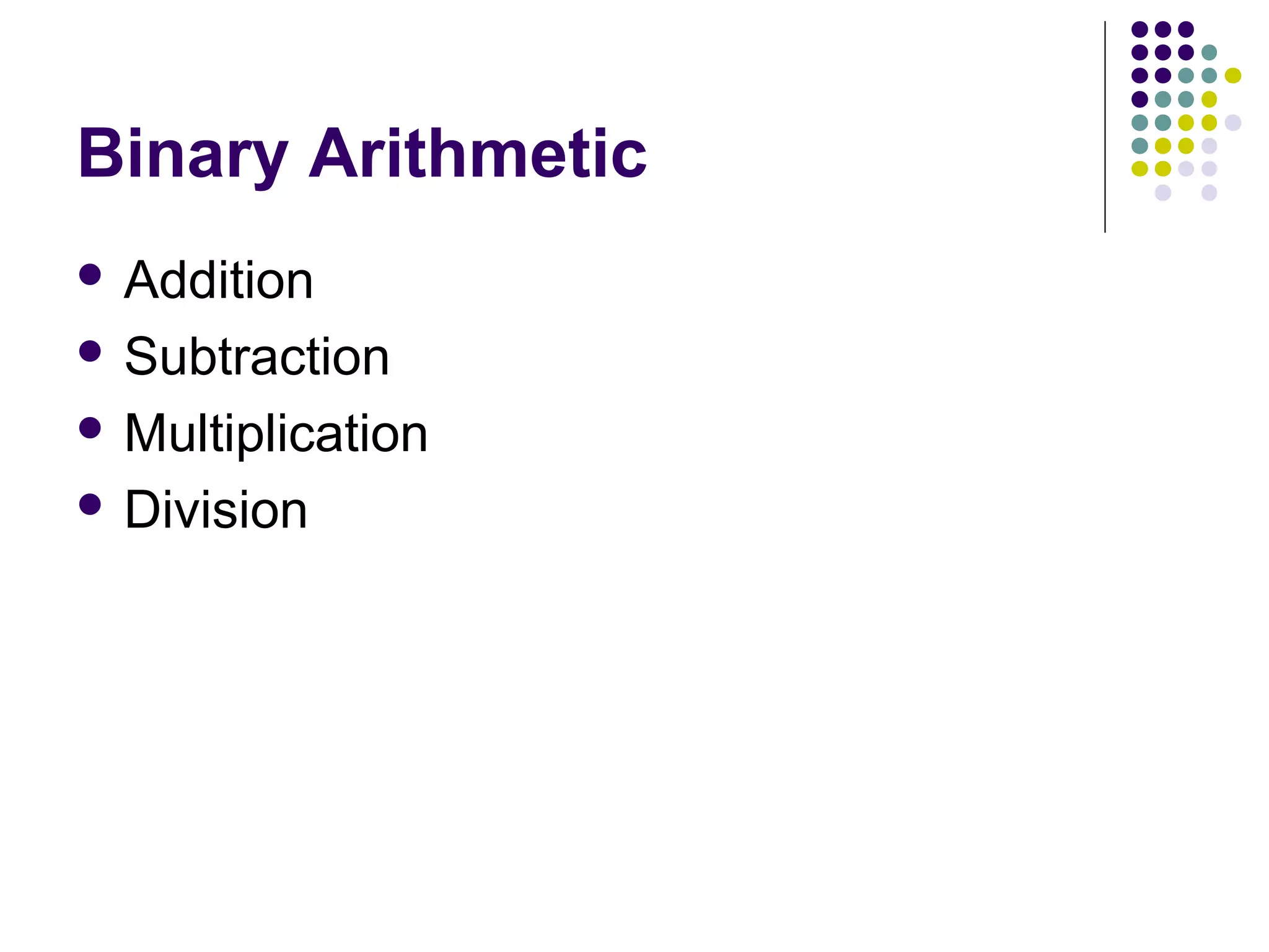 Binary Arithmetic
 Addition

 Subtraction

 Multiplication

 Division
 