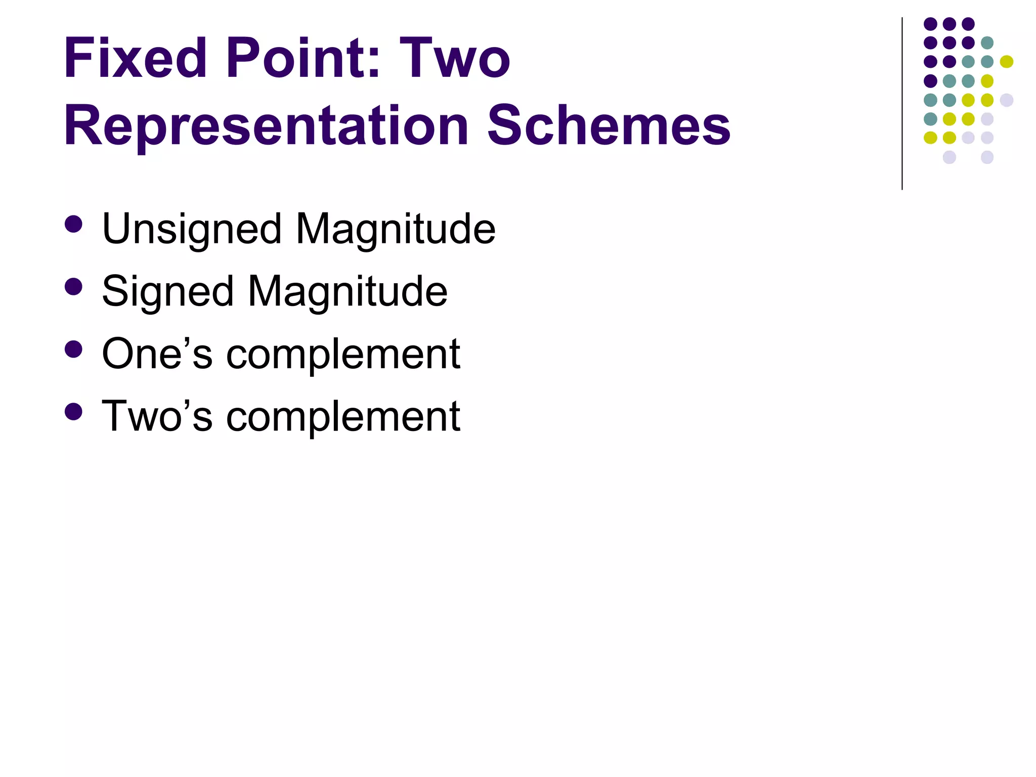 Fixed Point: Two
Representation Schemes
 Unsigned Magnitude
 Signed Magnitude

 One’s complement

 Two’s complement
 