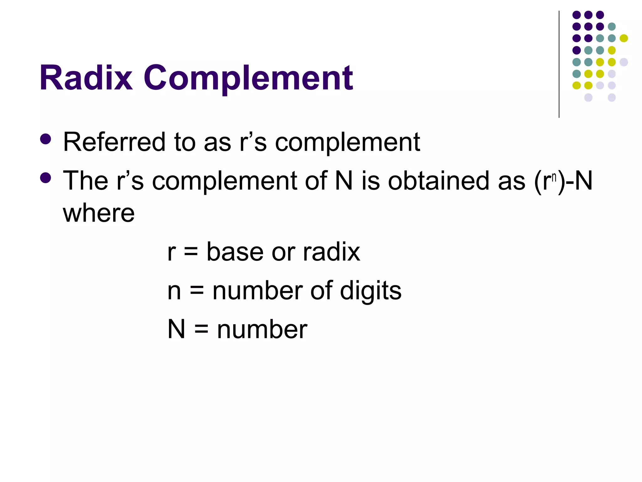 Radix Complement
 Referred  to as r’s complement
 The r’s complement of N is obtained as (rn)-N
  where
           r = base or radix
           n = number of digits
           N = number
 