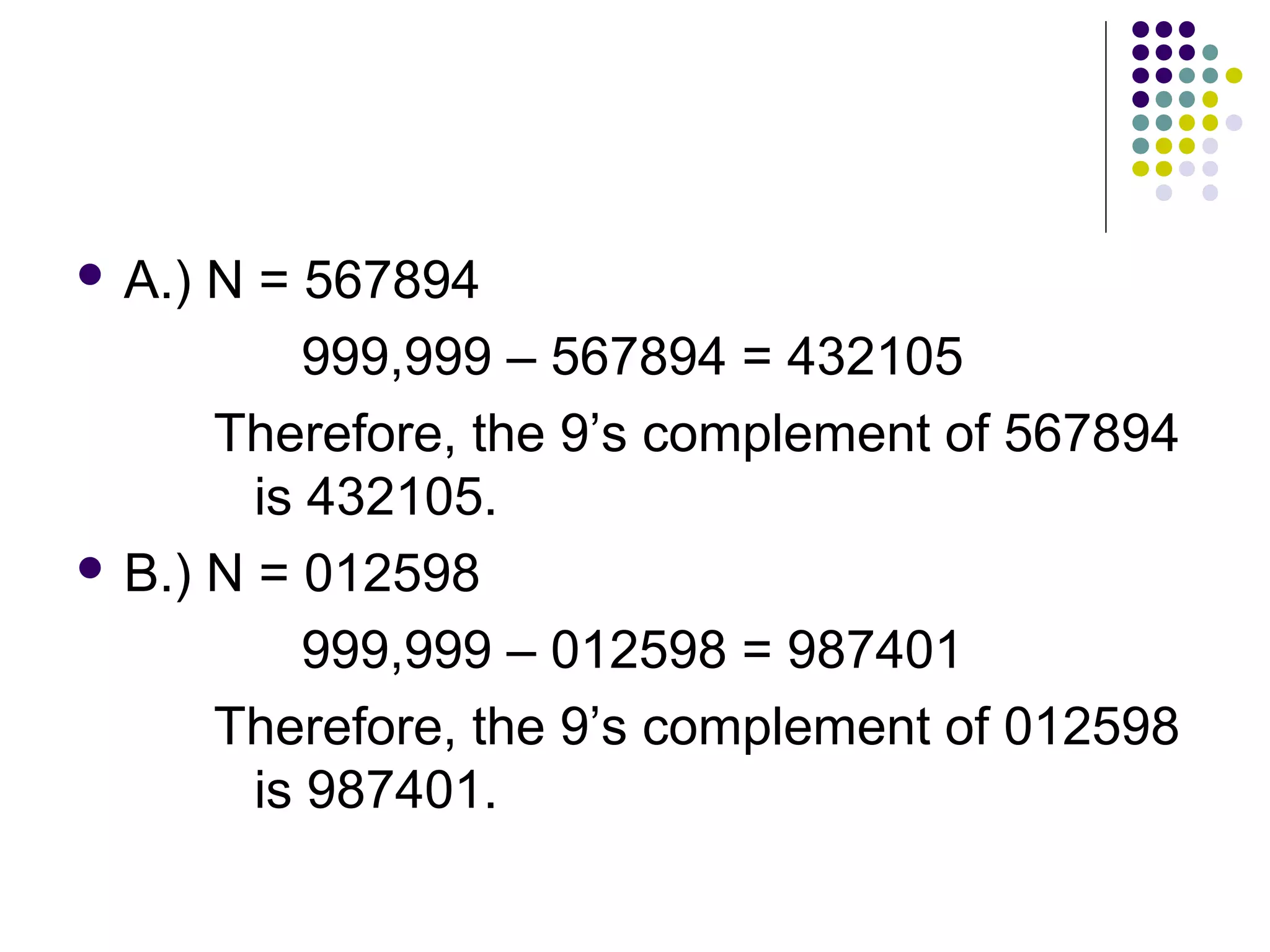  A.) N = 567894
           999,999 – 567894 = 432105
      Therefore, the 9’s complement of 567894
        is 432105.
 B.) N = 012598

           999,999 – 012598 = 987401
      Therefore, the 9’s complement of 012598
        is 987401.
 