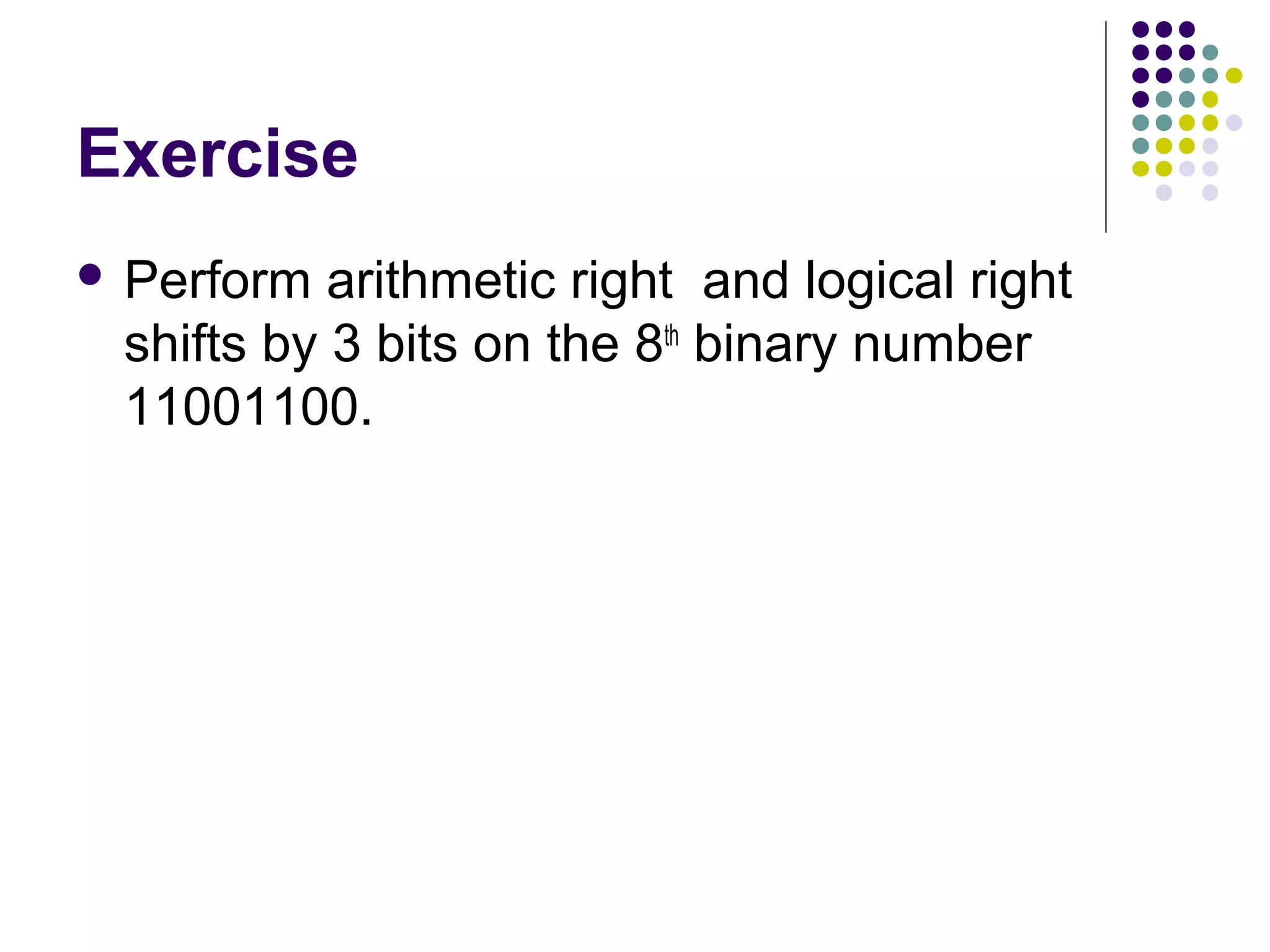Exercise
 Perform  arithmetic right and logical right
 shifts by 3 bits on the 8th binary number
 11001100.
 