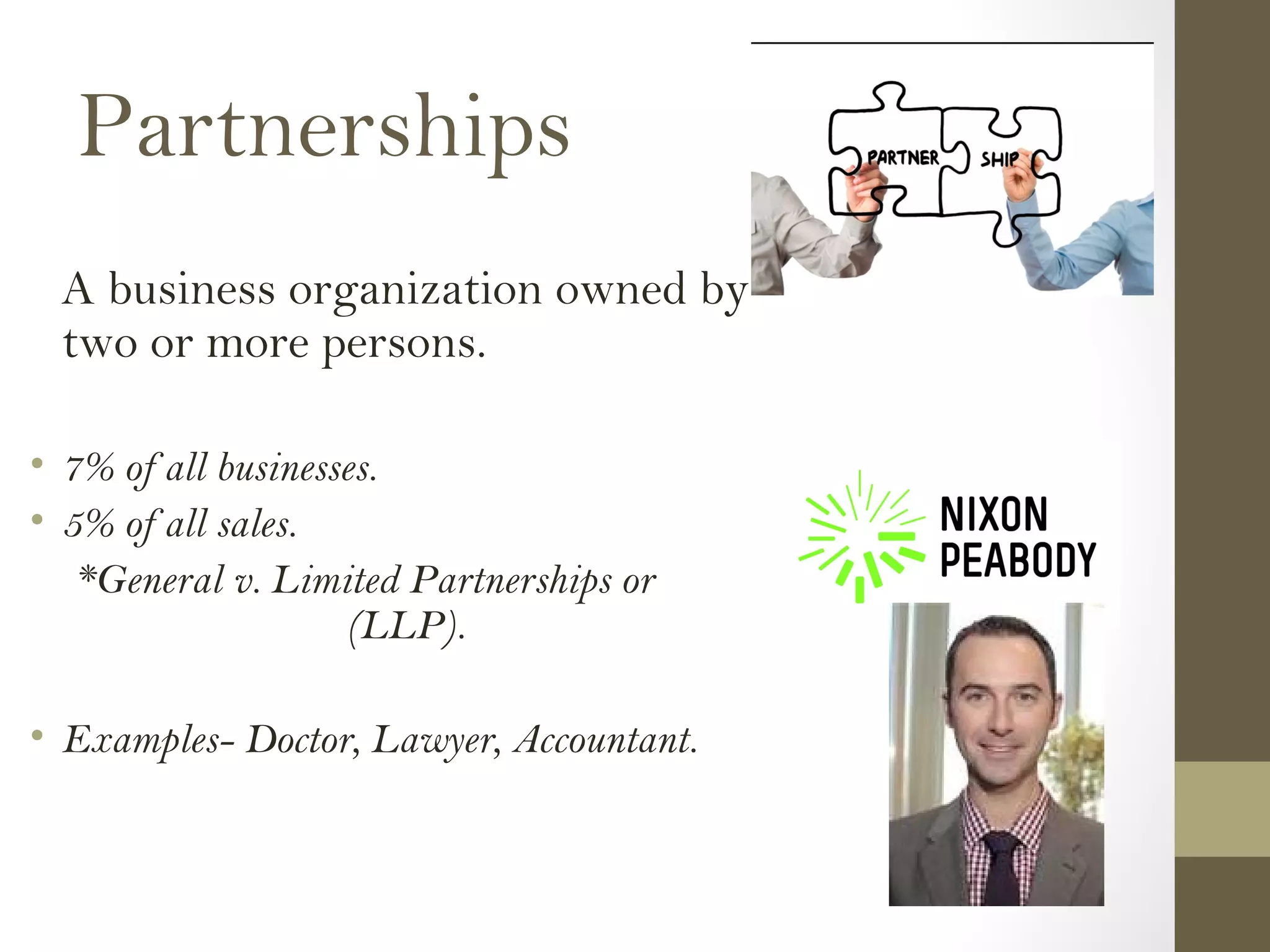 Partnerships
A business organization owned by
two or more persons.
• 7% of all businesses.
• 5% of all sales.
*General v. Limited Partnerships or
(LLP).
• Examples- Doctor, Lawyer, Accountant.
 