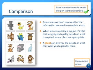 Comparison

Know how requirements are set
Interpret client requirements

 Sometimes we don’t receive all of the

information we need to complete a task.
 When we are planning a project it’s vital

that we get good quality details on what
is required so our plans are appropriate.
 A client will give you the details on what

they want you to plan for them.

#requirement
#client

 