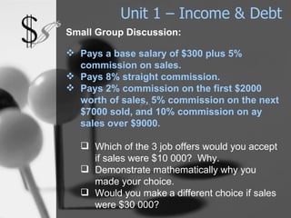Unit 1 – Income & Debt Small Group Discussion: Pays a base salary of $300 plus 5% commission on sales. Pays 8% straight commission. Pays 2% commission on the first $2000 worth of sales, 5% commission on the next $7000 sold, and 10% commission on ay sales over   $9000. Which of the 3 job offers would you accept if sales were $10 000?  Why. Demonstrate mathematically why you made your choice. Would you make   a different choice if sales were $30 000? 