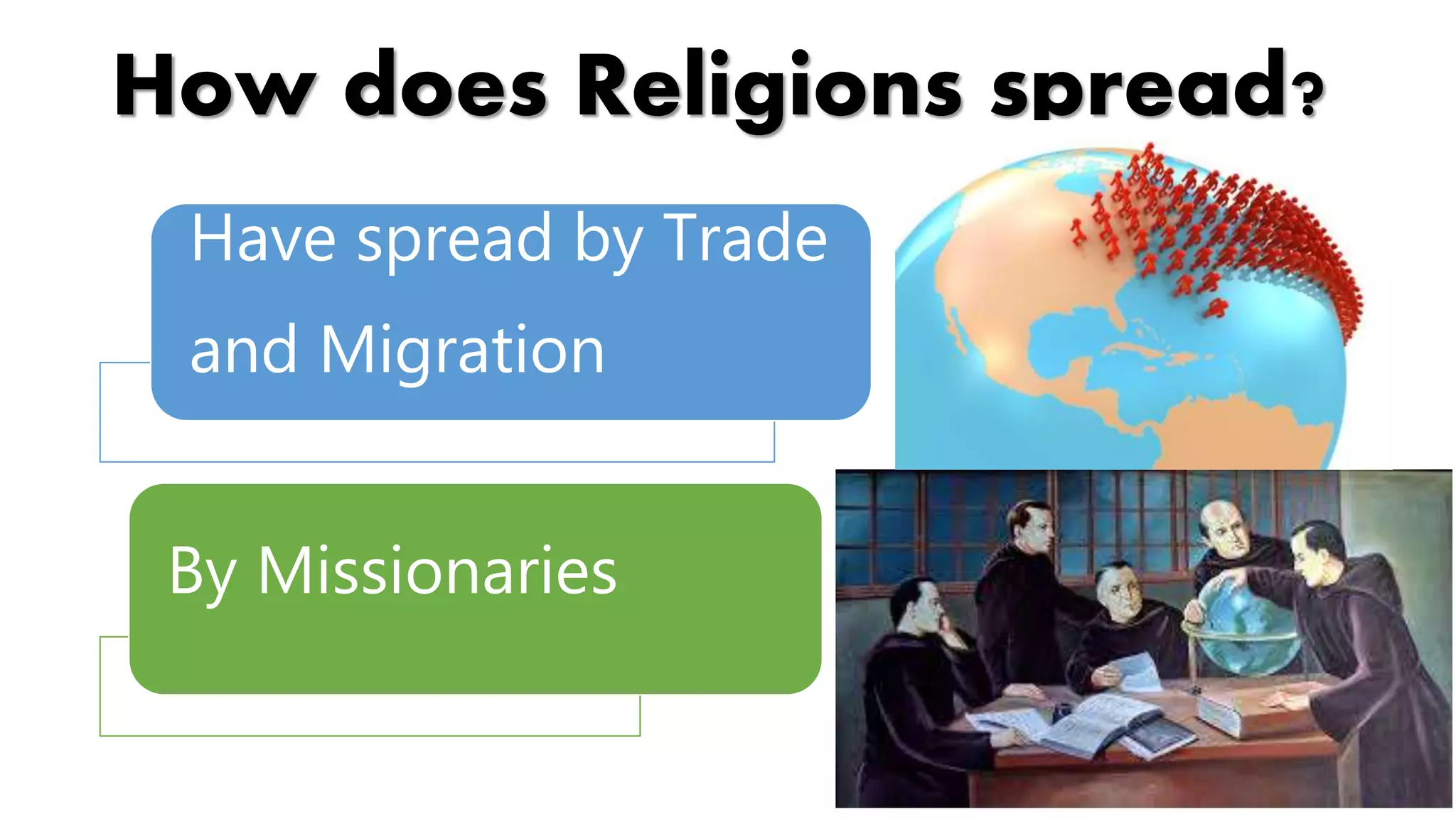How does Religions spread?
Have spread by Trade
and Migration
By Missionaries
 