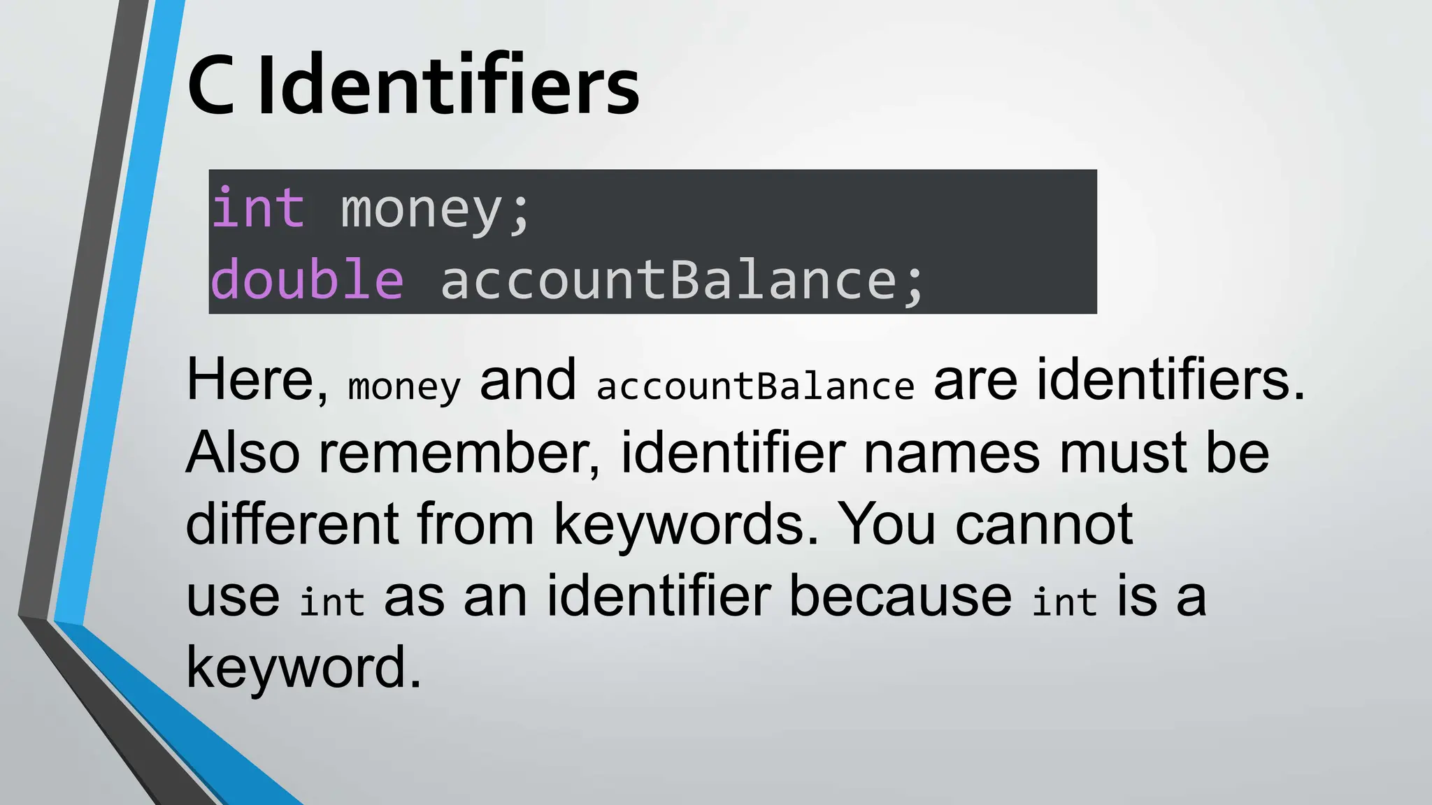 C Identifiers
int money;
double accountBalance;
Here, money and accountBalance are identifiers.
Also remember, identifier names must be
different from keywords. You cannot
use int as an identifier because int is a
keyword.
 