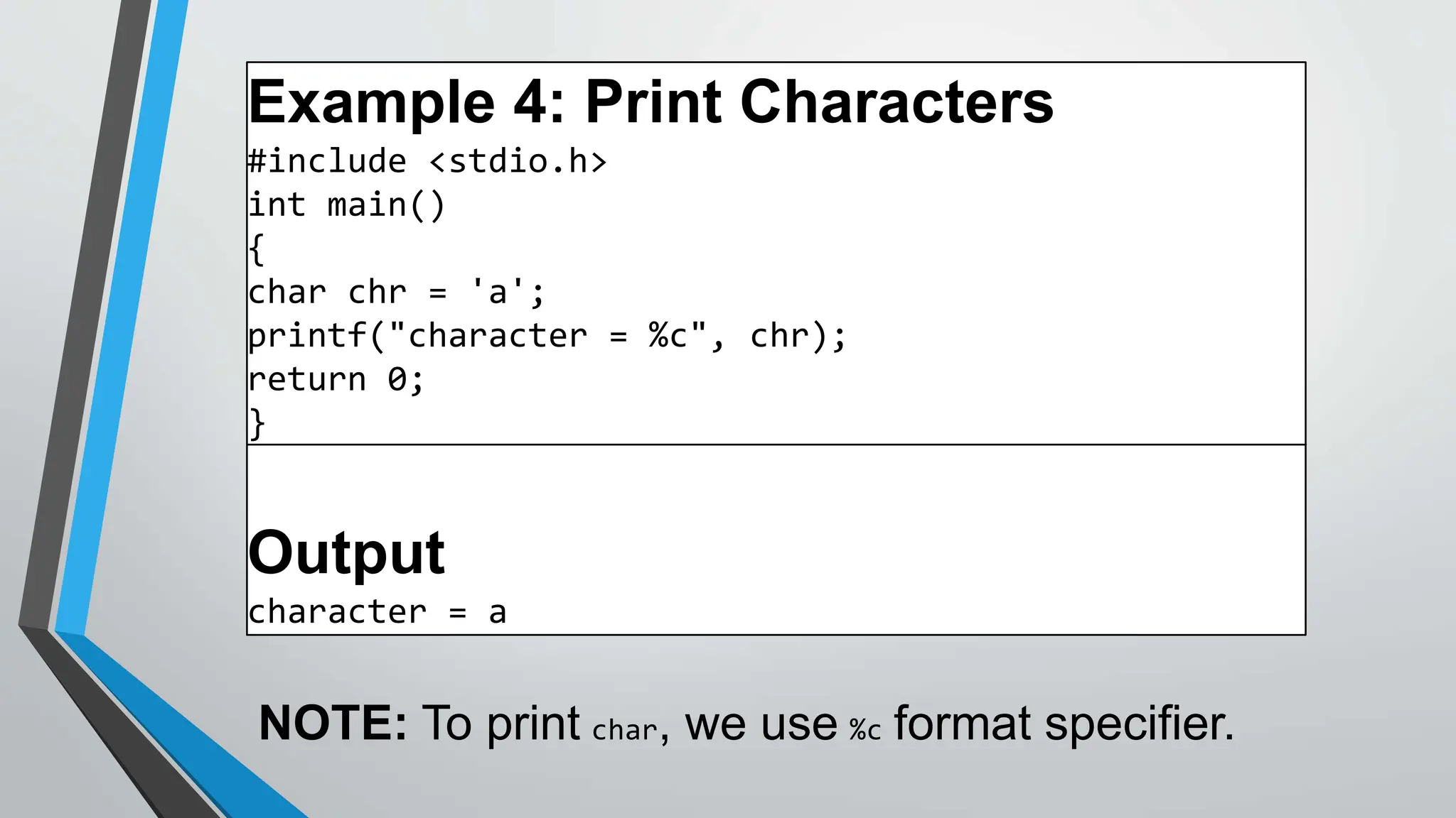 Example 4: Print Characters
#include <stdio.h>
int main()
{
char chr = 'a';
printf("character = %c", chr);
return 0;
}
Output
character = a
NOTE: To print char, we use %c format specifier.
 